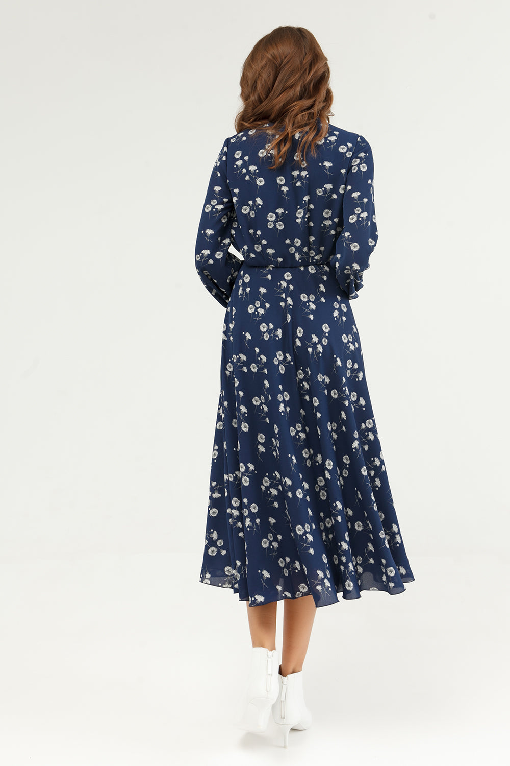 Blue floral midi dress with long sleeve ...